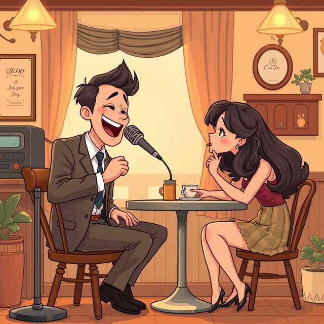 A cartoon illustration in the style of punnnng, depicting a man wearing a suit sitting on a wooden chair, passionately singing into a vintage microphone in a cozy classic-style café