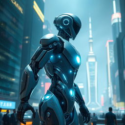 A futuristic and sleek sci-fi robot model in a high-tech environment, showcasing its intricate mechanical design, glowing circuits, and dynamic pose