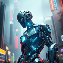 A futuristic and sleek sci-fi robot model in a high-tech environment, showcasing its intricate mechanical design, glowing circuits, and dynamic pose