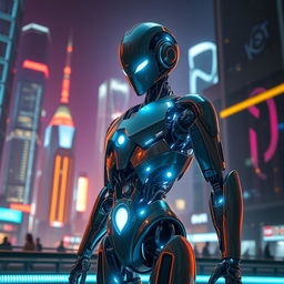 A futuristic and sleek sci-fi robot model in a high-tech environment, showcasing its intricate mechanical design, glowing circuits, and dynamic pose