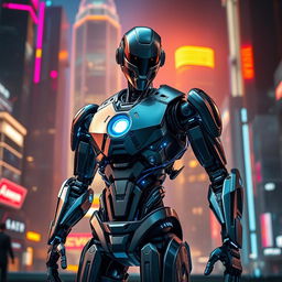A futuristic and sleek sci-fi robot model in a high-tech environment, showcasing its intricate mechanical design, glowing circuits, and dynamic pose