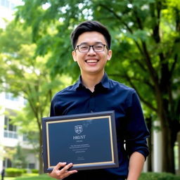 A person with a joyful expression, holding a diploma from HKUST (The Hong Kong University of Science and Technology)