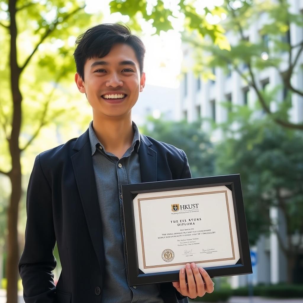 A person with a joyful expression, holding a diploma from HKUST (The Hong Kong University of Science and Technology)