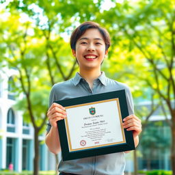 A person with a joyful expression, holding a diploma from HKUST (The Hong Kong University of Science and Technology)