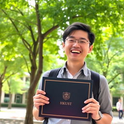A person with a joyful expression, holding a diploma from HKUST (The Hong Kong University of Science and Technology)