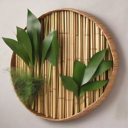 A natural wall decor made of bamboo, water hyacinth, sea grass, and rattan, showcasing a harmonious blend of elements.