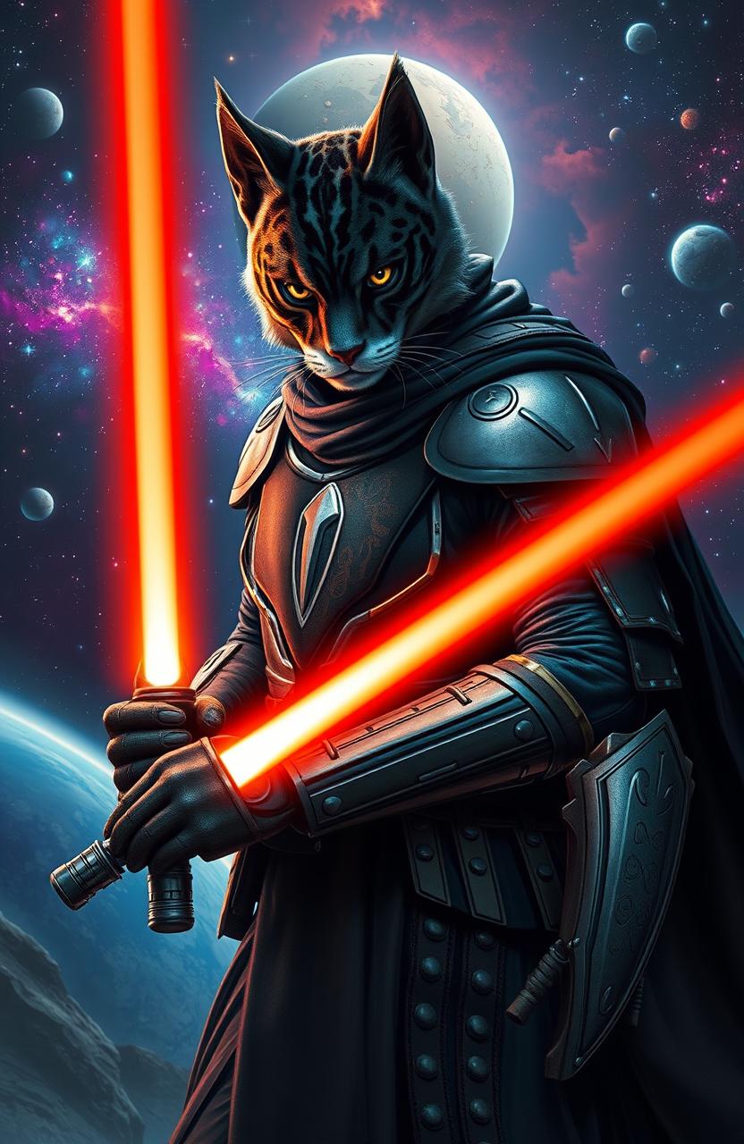 A dynamic and captivating scene from a Star Wars-inspired science fiction universe, featuring a Togorian Mandalorian Jedi named Malatar, who has embraced the path of the Sith