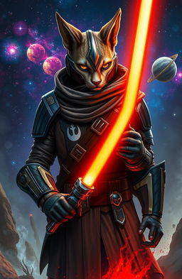 A dynamic and captivating scene from a Star Wars-inspired science fiction universe, featuring a Togorian Mandalorian Jedi named Malatar, who has embraced the path of the Sith