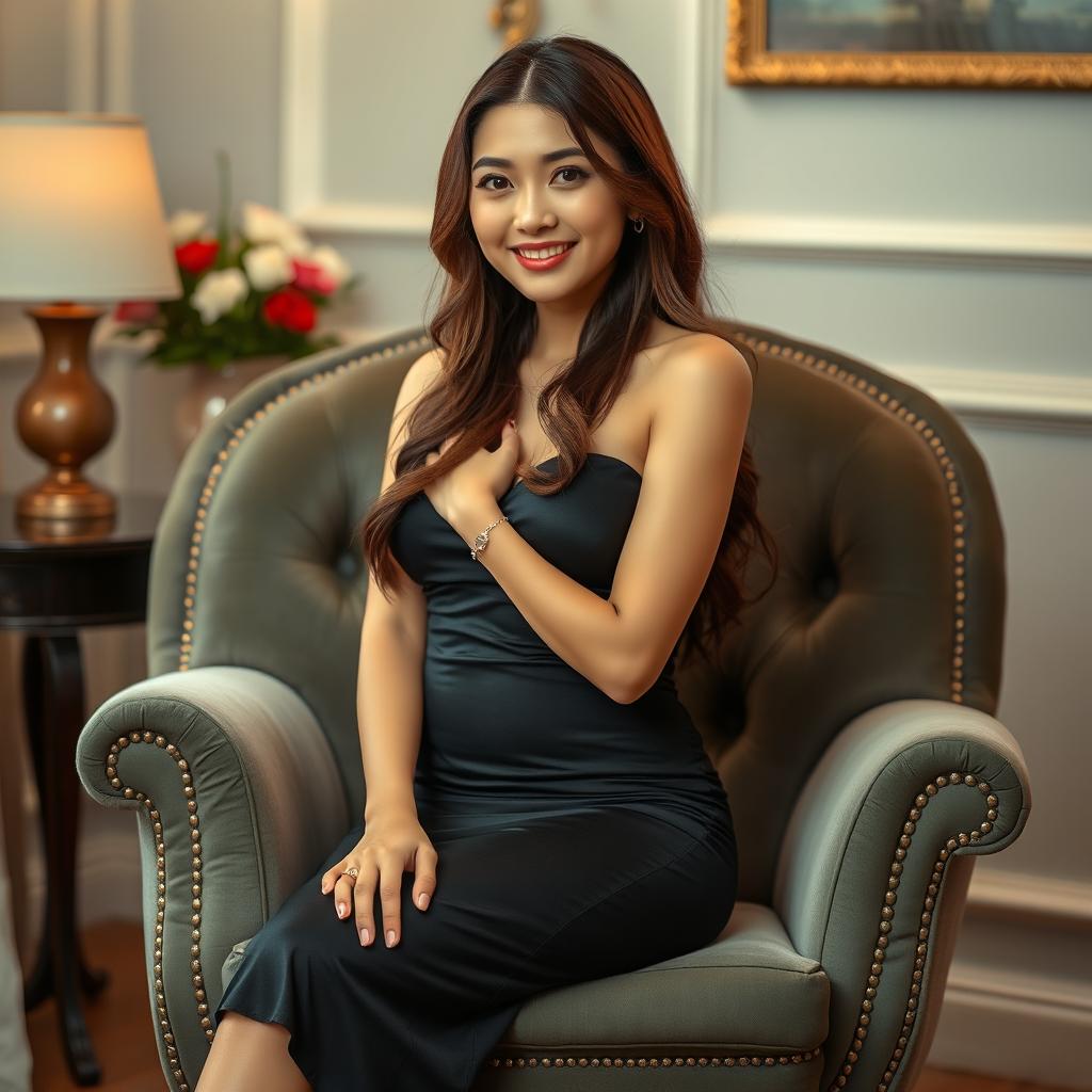 A beautiful Taiwanese woman sitting on a modified chair, wearing a sexy dress that accentuates her curves