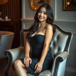 A beautiful Taiwanese woman sitting on a modified chair, wearing a sexy dress that accentuates her curves
