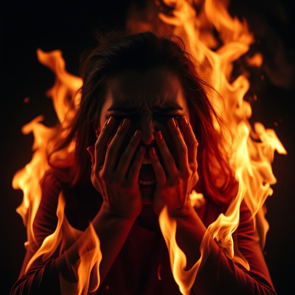 A dramatic scene of a woman fully engulfed in flames, screaming in agony while covering her face with her hands, set in a dark, intense atmosphere