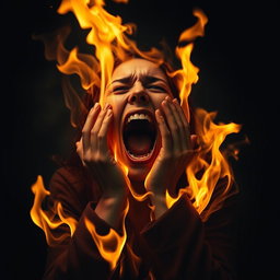 A dramatic scene of a woman fully engulfed in flames, screaming in agony while covering her face with her hands, set in a dark, intense atmosphere