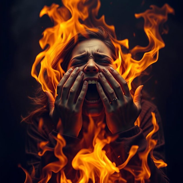 A dramatic scene of a woman fully engulfed in flames, screaming in agony while covering her face with her hands, set in a dark, intense atmosphere