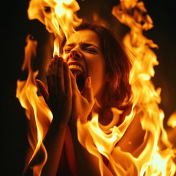 A dramatic scene of a woman fully engulfed in flames, screaming in agony while covering her face with her hands, set in a dark, intense atmosphere