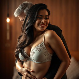 A sexy Indonesian woman aged 23 with voluptuous curves, wearing a bra, being embraced from behind by a middle-aged man