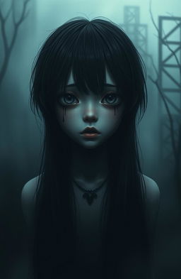 A hauntingly atmospheric scene set in a dark, misty background that gives a sense of desolation