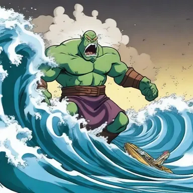 In the cartoon, the character was engulfed by a menacing aegir wave.