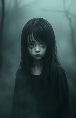 A hauntingly atmospheric scene set in a dark, misty background that gives a sense of desolation