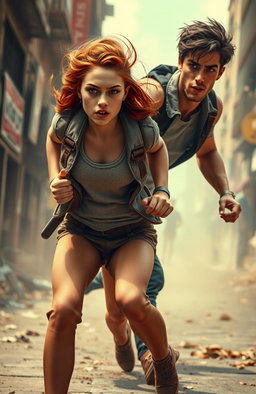 A teenage girl with beautiful rusty red hair, looking determined and adventurous, is running beside a tall Italian boy who has dark hair and is athletic