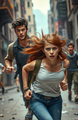 A teenage girl with beautiful rusty red hair, looking determined and adventurous, is running beside a tall Italian boy who has dark hair and is athletic