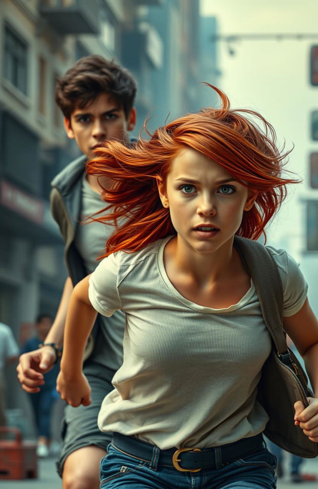 A teenage girl with beautiful rusty red hair, looking determined and adventurous, is running beside a tall Italian boy who has dark hair and is athletic