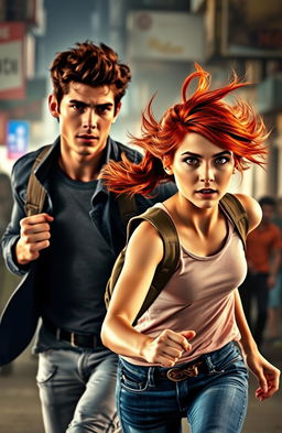 A teenage girl with beautiful rusty red hair, looking determined and adventurous, is running beside a tall Italian boy who has dark hair and is athletic