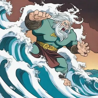 In the cartoon, the character was engulfed by a menacing aegir wave.
