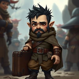 A halfling character with long sideburns and a goatee adorned with small decorations