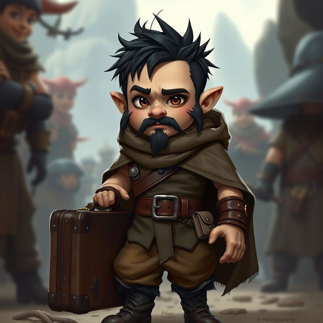 A halfling character with long sideburns and a goatee adorned with small decorations