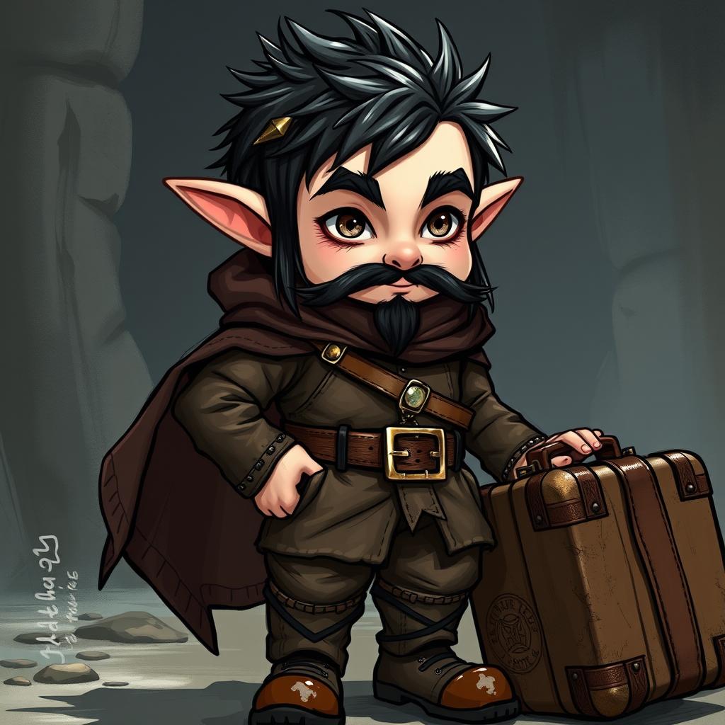 A halfling character with long sideburns and a goatee adorned with small decorations