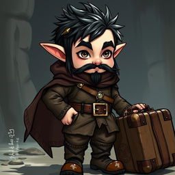 A halfling character with long sideburns and a goatee adorned with small decorations