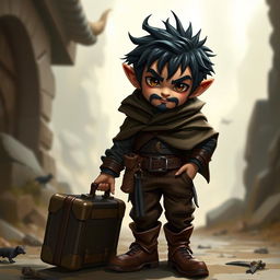 A halfling character with long sideburns and a goatee adorned with small decorations