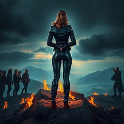 A powerful scene depicting a strong woman wearing tight black leather pants, leather gloves, a stylish jacket, and high-heeled boots