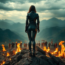 A powerful scene depicting a strong woman wearing tight black leather pants, leather gloves, a stylish jacket, and high-heeled boots