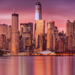 A breathtaking view of the New York City skyline during sunset, with skyscrapers aglow in the warm light and their reflections dancing on the Hudson River.