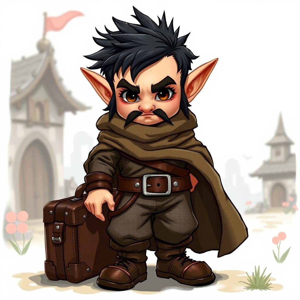 A halfling character with long sideburns and a goatee decorated with small adornments