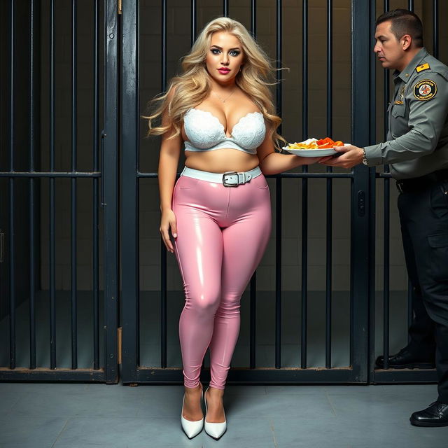 A full-length photograph of a sexy, stunningly beautiful fat 18-year-old girl with flowing blond hair and sparkling crystal blue eyes