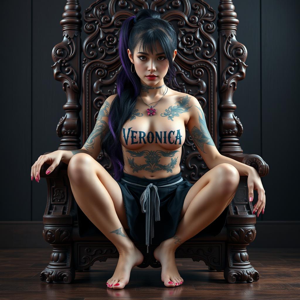 A full-body image of a beautiful young woman, approximately 20 years old, sitting on an intricately carved wooden chair, legs spread apart