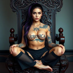 A full-body image of a beautiful young woman, approximately 20 years old, sitting on an intricately carved wooden chair, legs spread apart