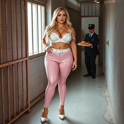 A full-length photograph of a sexy, stunning, and beautiful fat 18-year-old girl with long blond hair and mesmerizing crystal blue eyes