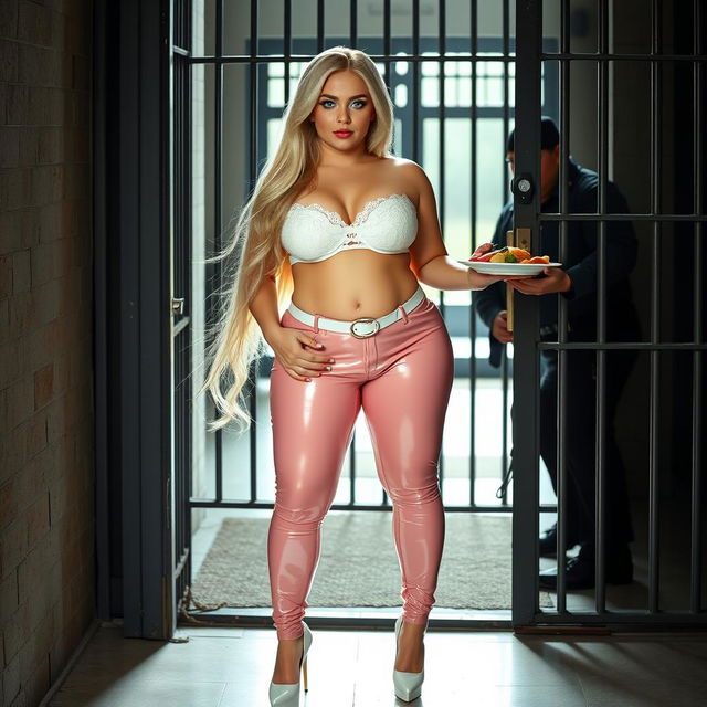 A full-length photograph of a sexy, stunning, and beautiful fat 18-year-old girl with long blond hair and mesmerizing crystal blue eyes