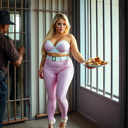 A full-length photograph of a sexy, stunning, and beautiful fat 18-year-old girl with long blond hair and mesmerizing crystal blue eyes