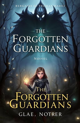 A novel cover for 'The Forgotten Guardians', featuring an ethereal, shadowy figure representing the shadow that defeated the earth guardians, looming ominously in the background