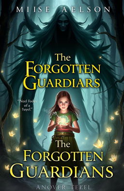A novel cover for 'The Forgotten Guardians', featuring an ethereal, shadowy figure representing the shadow that defeated the earth guardians, looming ominously in the background