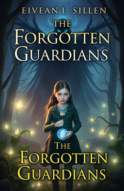 A novel cover for 'The Forgotten Guardians', featuring an ethereal, shadowy figure representing the shadow that defeated the earth guardians, looming ominously in the background
