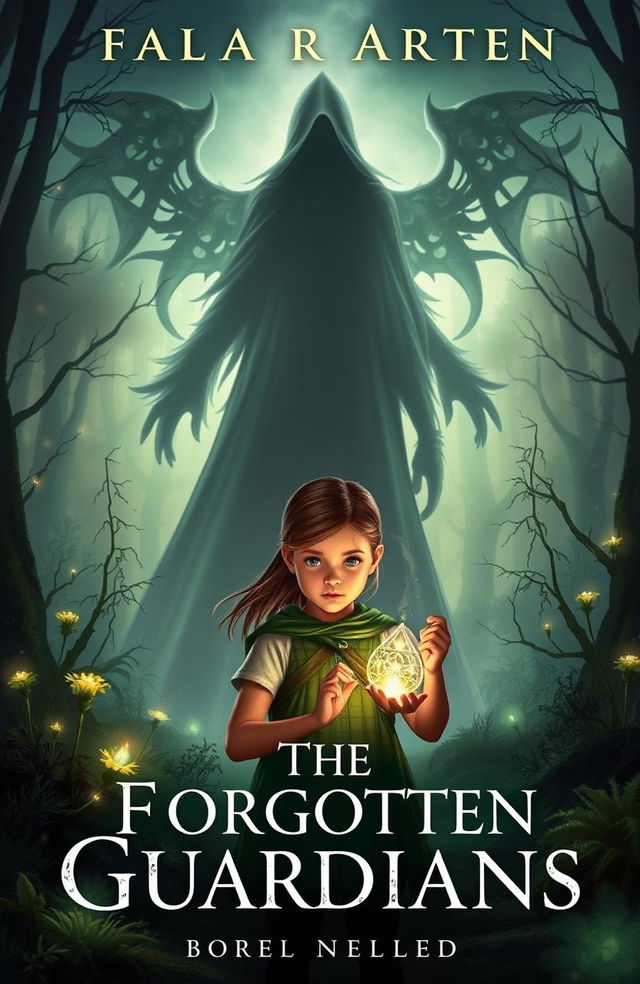 A novel cover for 'The Forgotten Guardians', featuring an ethereal, shadowy figure representing the shadow that defeated the earth guardians, looming ominously in the background