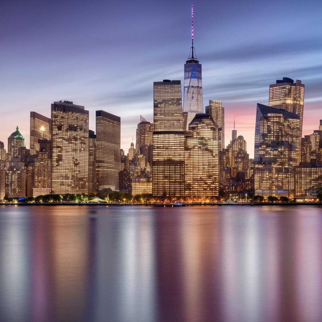 A breathtaking view of the New York City skyline during sunset, with skyscrapers aglow in the warm light and their reflections dancing on the Hudson River.