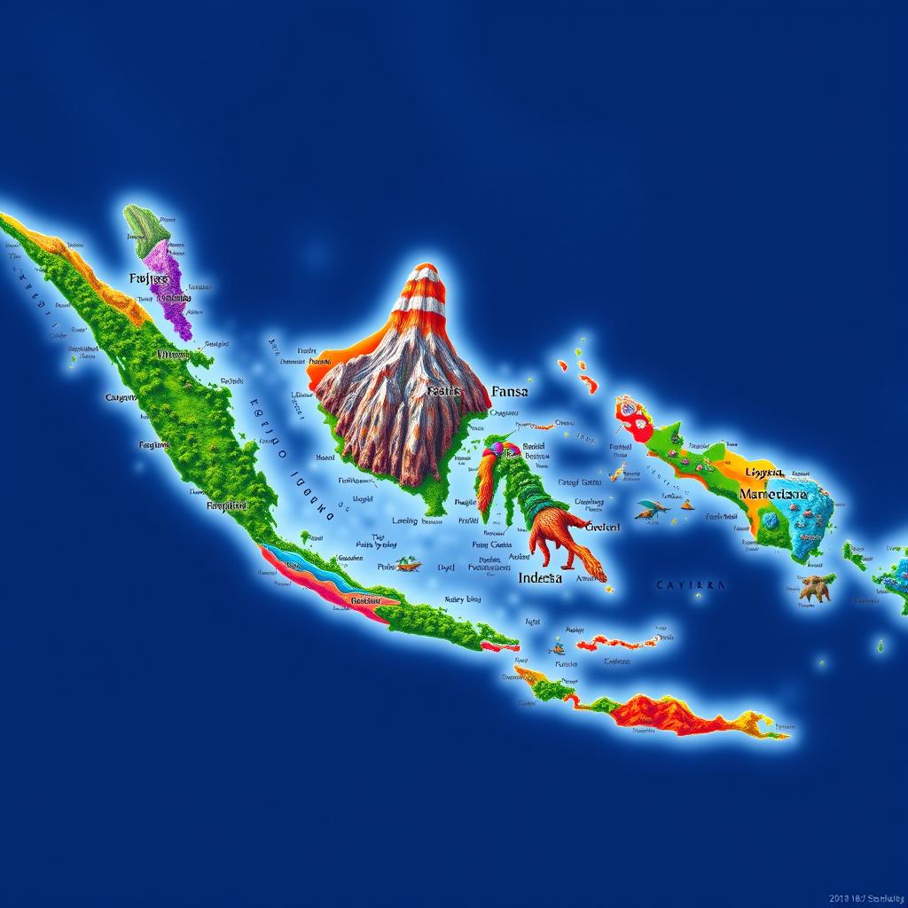 A vibrant and colorful geographical map of Indonesia, showcasing its diverse landscapes, including rainforests, mountains, volcanoes, and beautiful beaches