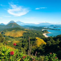 A stunning geographical photo of Indonesia showcasing its diverse landscapes, featuring lush green rice terraces, vibrant tropical forests, and beautiful beaches
