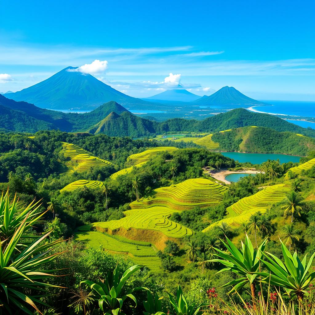 A stunning geographical photo of Indonesia showcasing its diverse landscapes, featuring lush green rice terraces, vibrant tropical forests, and beautiful beaches